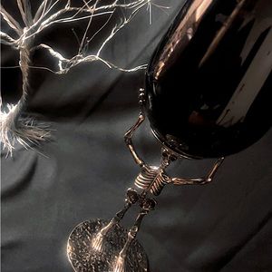 Skeleton Black Wine Glass Goblet Silvertone Metal Halloween